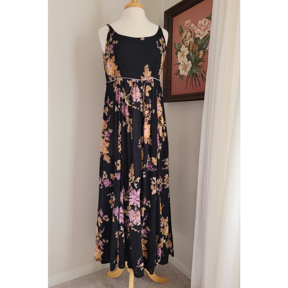 90s Black Floral Scoop Neck 1990s Vintage Flowy Feminine Rayon Gauze Maxi Dress - Picture 11 of 16